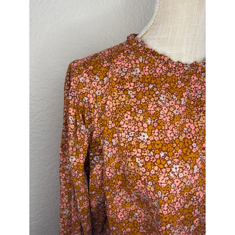 Universal Thread Floral Blouse L Excellent Ruffle Neck Long Sleeve Rust Multi - Picture 3 of 9